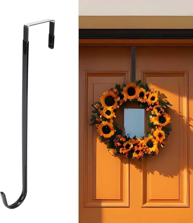 FYY Wreath Hanger for Front Door - 12” Over The Door Hooks for Easter Halloween Christmas Decoration Welcome Sign Heavy Duty Hangers Organizer with Rubber Prevent Scratches, 1PCS Black