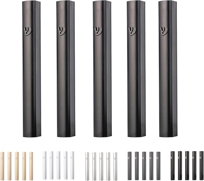 Pack of 5 Matte Black Aluminum Waterproof Mezuzah Case, Fit up to 5" / 12cm Mezuzah Scroll, with Embossed Matte Black SHIN, Easy Peel and Stick (Scroll Not Included)
