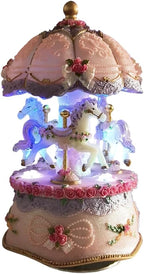 Briskfeel Classical Carousel Horse Music Box, Plays You are my Sunshine, LED lights Twinkling Resin Carved Collectible Mechanical Musical Box with 18-Note (3# Pink Carousel)