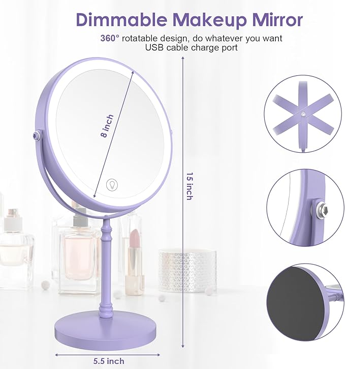 DEIOVWXS Makeup Mirror, 3000mAh Rechargeable Double-Sided Magnifying Vanity Mirror with 3 Colors, 1X/10X, Adjustable Brightness, Gift for Mom, Mothers Day, Women, Wife, Girls, Dorm Room Essential