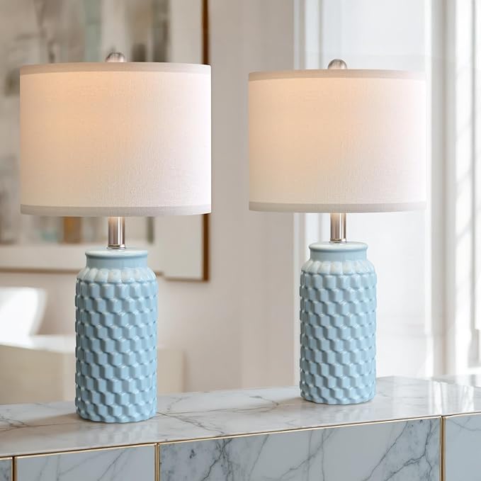 USumkky 20.5" Light Blue Modern Ceramic Bedside Lamp Set of 2 for Bedroom Decor Farmhouse Table Lamp for Living Room Office Dorm