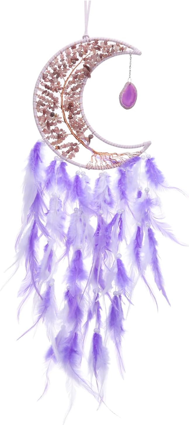 PATIKIL Crystal Life of Tree Dream Catchers, 28 Inch Feather Handmade Moon Dream Catchers with Gemstone Agate Stone Wall Hangings Decor for Home Wedding Bedroom Living Room, Purple White