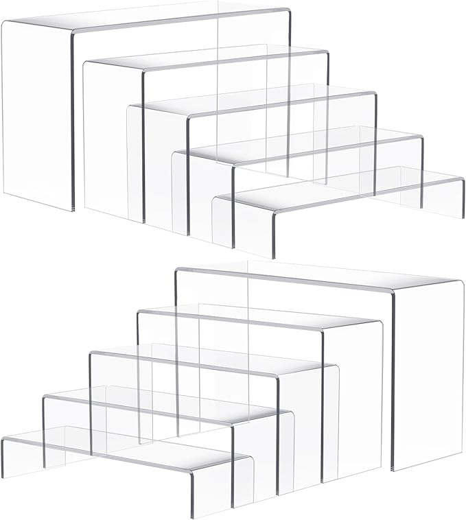 Anglelife 10 Pcs 2 Set 5 Size Large Acrylic Risers, (7”L~8”L~9”L) Rectangular Clear Risers Display Shelves, Transparent Acrylic Risers for Decor, Cupcake Candy Shoe Showcase Stands