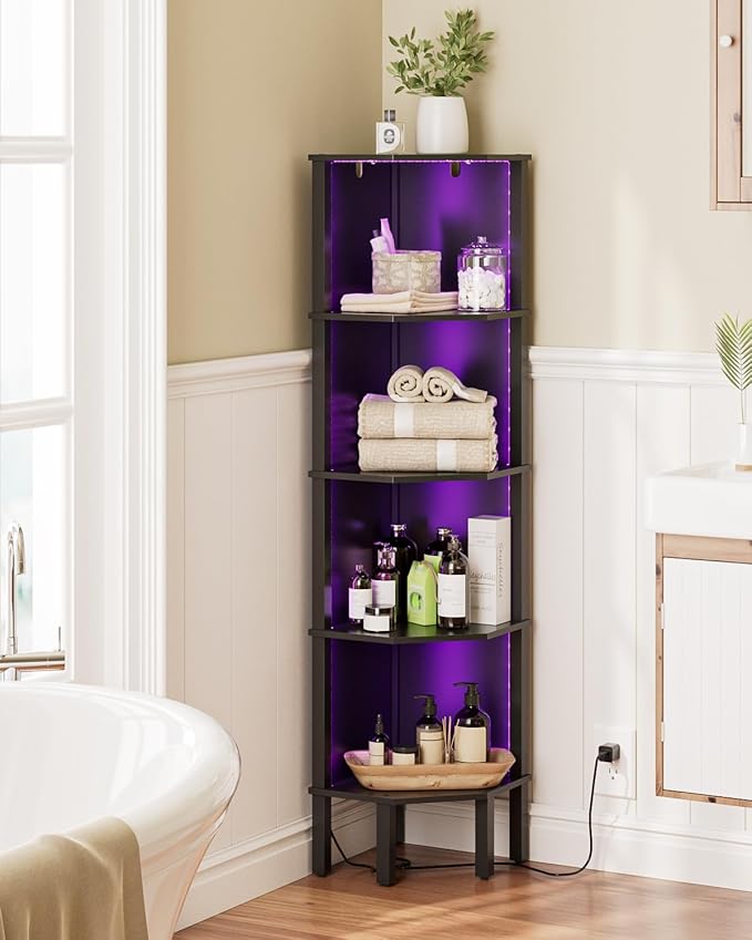 Corner Shelf Stand, 5 Tier Corner Bookshelf,Corner Furniture for Bedroom Display Corner Shelf for Small Space,Wood Shelves with Storage Rack for Living Room,Office,Black