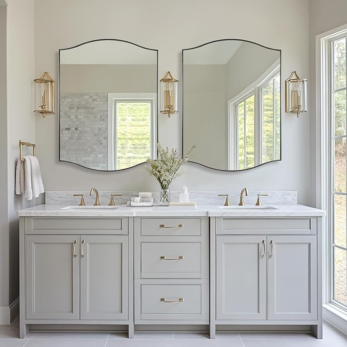 ANDY STAR Rectangle Scalloped Mirror, 30"x40" Brushed Nickel Bathroom Mirror in SUS304 Stainless Steel Metal Frame, Large Silver Vanity Mirror with Unique Arched Top Design