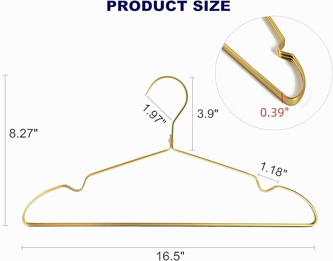 Amber Home 20 Pack Premium Matte Gold Aluminum Coat Hangers, 16.5” Extra Smooth & Durable Metal Shirt Dress Hanger, Light & Sturdy Metal Rack for Jacket Trouser Pant Slack