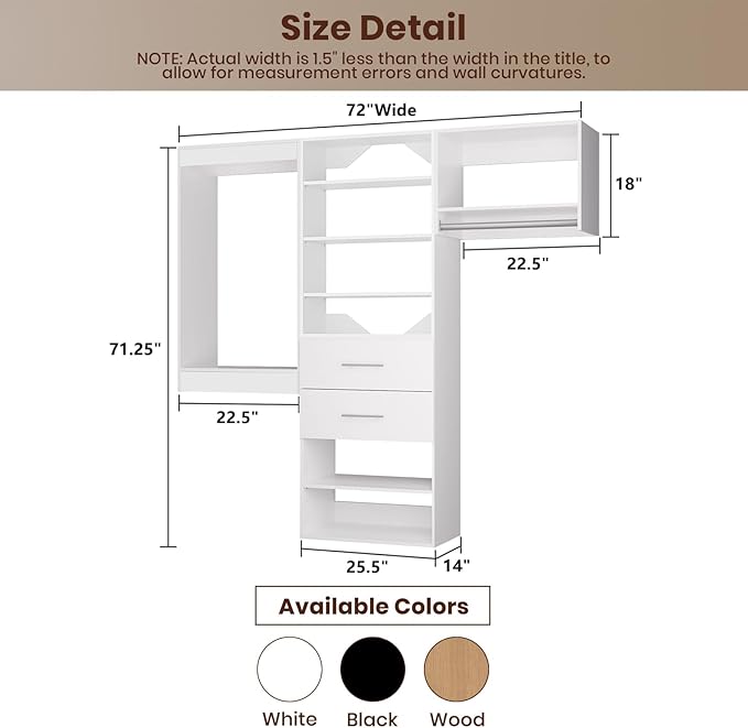 ROOMTEC Modular Closet System, 72" Wall Mounted Modern Closet Organizer with Hanging Rods and Drawers, Wooden Tower for Walk-In Closets, Wardrobe Storage Kit, White