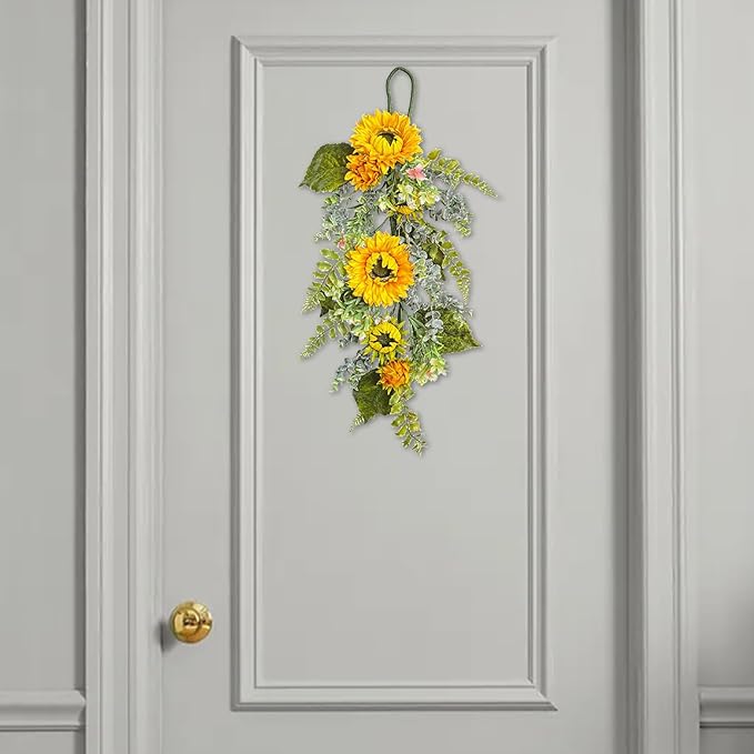 Sunflower Teardrop Swag for Front Door 27.5 Inch Decorative Spring Summer Floral Door Wreath with Yellow Sunflower Spring Summer Greenery Swags Wreath for Wedding Arch Home Party Wall Decor(Yellow)