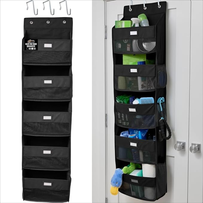 GORILLA GRIP Over The Door Organizer Storage, 5 Deep Hanging Shelves, Holds 50lbs, Closet Organizers Shelf for Bedroom, Shoes, Bathroom, Nursery, Dorm Essentials, 3 Metal Hooks, 58x15 Inches, Black