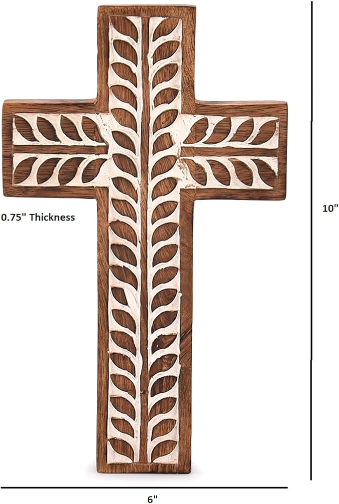 NIRMAN Mango Wood Religious Catholic Cross Wall Hanging Floral Carvings Living Room Home Décor for Entryway Office Living Room (10" x 6" x 0.75")