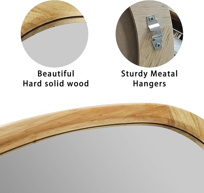 34" x 26" Irregular Wall Mirror, Natural Wooden Framed Asymmetrical Wall Mirror for Living Room Bedroom Bathroom Entryway, Modern Decorative Hanging Hook