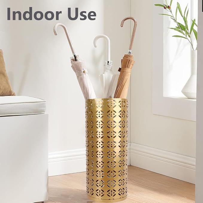 Umbrella Stand, Umbrella Holder for Entryway, Round Proof Hollow Metal Umbrella Holder Bin for Home Entryway (Gold)