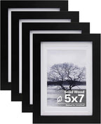 Egofine 5x7 Picture Frames Set of 4, Made of Solid Wood Covered by Plexiglass 3.5x5 and 4x6 with Mat or 5x7 without Mat, for Table Top Display and Wall Mounting Photo Frame Black