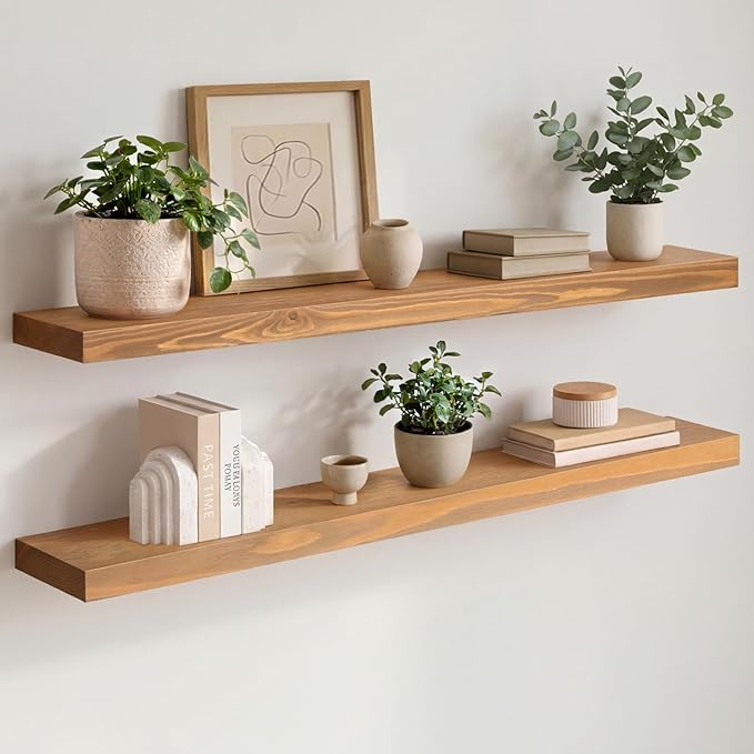 Homeforia 36 inch Golden Oak Floating Shelf, High End Solid Real Wood 36inch Small Floating Shelves for Wall Mounted, Oak Wooden 36in Floating Shelves, Heavy Duty Bracket, 36 X 6.5 X 1.75 in, Set of 3