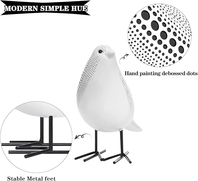 Quoowiit Bird Figurine, Modern Sculpture and Statues for Home Decor, Animal Statues for Bookshelf, Table, Entryway, Fireplace, Resin Decorative Sculpture with Chic Polka Dots Art Design (White)