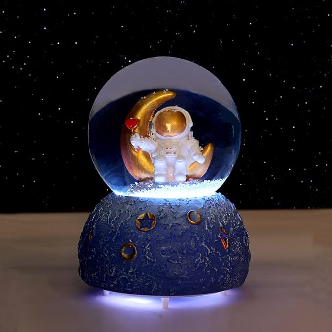 Astronaut Snow Globe Music Box, 80MM Musical Glitter Snow Globe with Color Changing LED Lights, Home Decor Birthday Gifts for Men Women Boys and Girls (Gold)