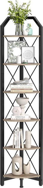 CHOEZON 6-Tier Corner Shelf, Industrial Corner Bookshelf, 71.2" Corner Storage Stand, Plant Stand Display Shelf, Corner Bookcase for Bedroom, Living Room, Home Office, Greige and Black TCJ11BG
