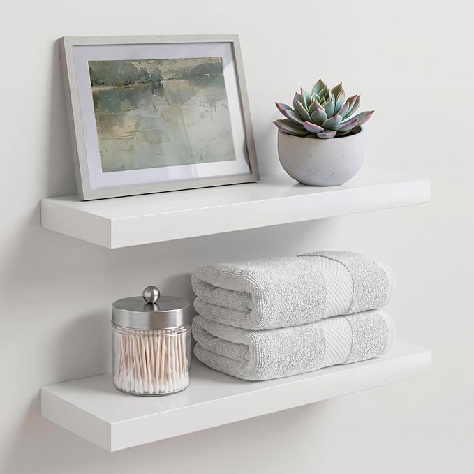 Homeforia White Floating Shelf 18 inch, High End Solid Real Wood 18inch Bathroom Floating Shelves for Wall Mounted, White Wooden 18in Floating Shelves, Heavy Duty Bracket, 18 X 6.5 X 1.75 in, Set of 2