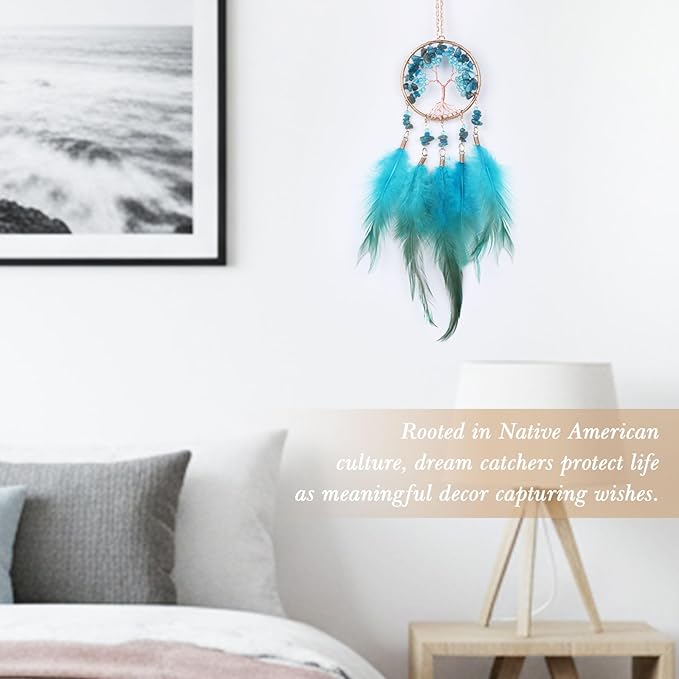 Pretty Jolly Small Tree of Life Crystal Stone Dream Catchers Blue Feathers Mini Dreamcatchers for Cars Rear View Mirror Hanging Decoration Good Luck Travel Charm Bedroom Ornaments for Women Girls