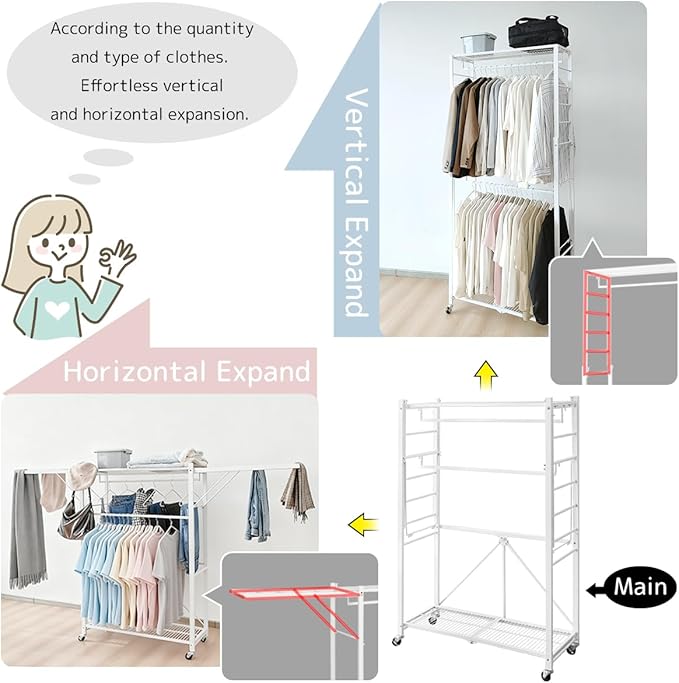 lumizone Folding Clothing Rack with Wheels Expandable Wardrobe Portable Clothes Rack for Hanging Clothes Adjustable Closet Shelves Garment Rack Durable Closet Racks for Hanging Clothes (Pro White)