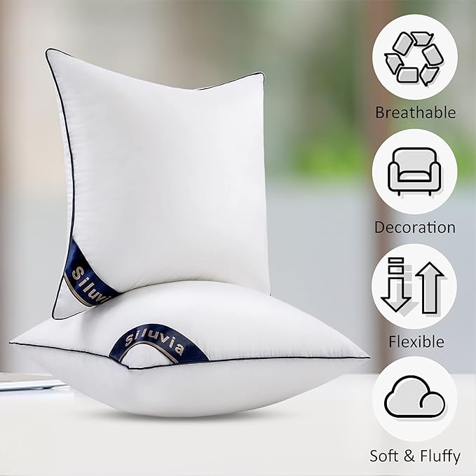 Siluvia 18"x18" Pillow Inserts Set of 2 Decorative Square Throw 18" Pillows with 100% Cotton Cover for Sofa, Couch, and Bed - White