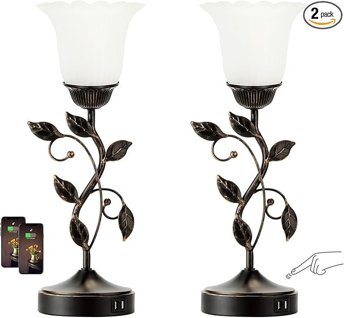 Set of 2 Touch Bedside Vintage Lamps with 2 USB C+A | 3-Way Dimmable Flower Lamps, White Glass Shade Rustic Leaf Lamp for Bedroom Side Table, LED Bulb Included