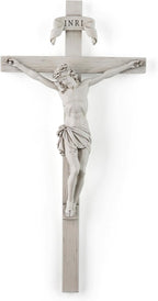 BC Catholic Crucifix Wall Cross, 10" H Jesus Christ Home Decor, Religious Gift, Wood Carved Look, Grey White Finish, Hand Painted by Buildclassic