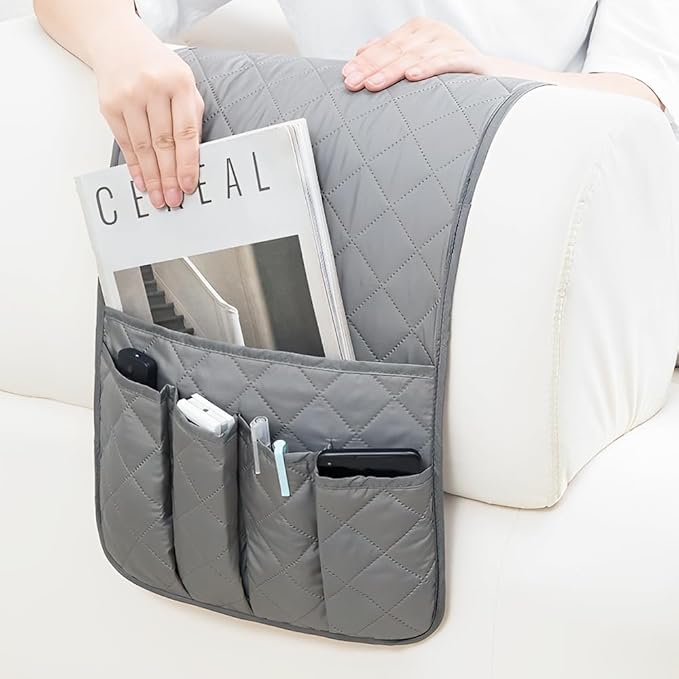 RETON Sofa Armrest Organizer with 5 Pockets, Non Slip Remote Control Caddy with 8 Pieces of Hook and Loop Fasteners, Armchair Caddy Holder Storage for Magazine Recliner Book TV Phone (Gray)