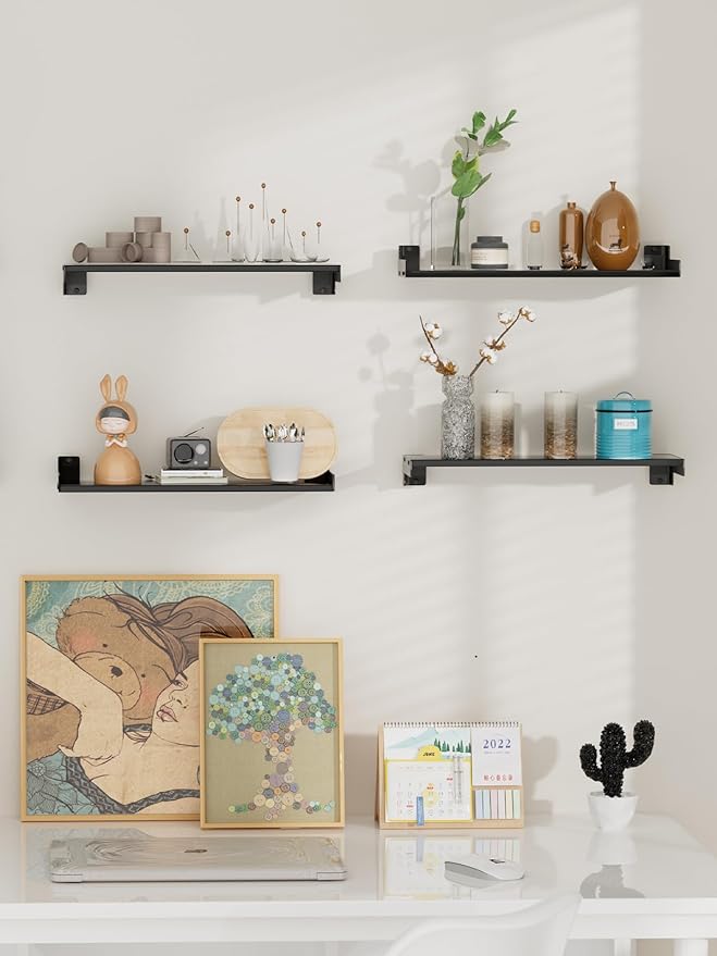 Floating Shelves for Wall, Shelves for Decor Storage Set of 6, Wall Mounted Wood Shelf for Bedroom, Living Room, Bathroom, Kitchen,Long Picture Ledge Shelves.(Black)