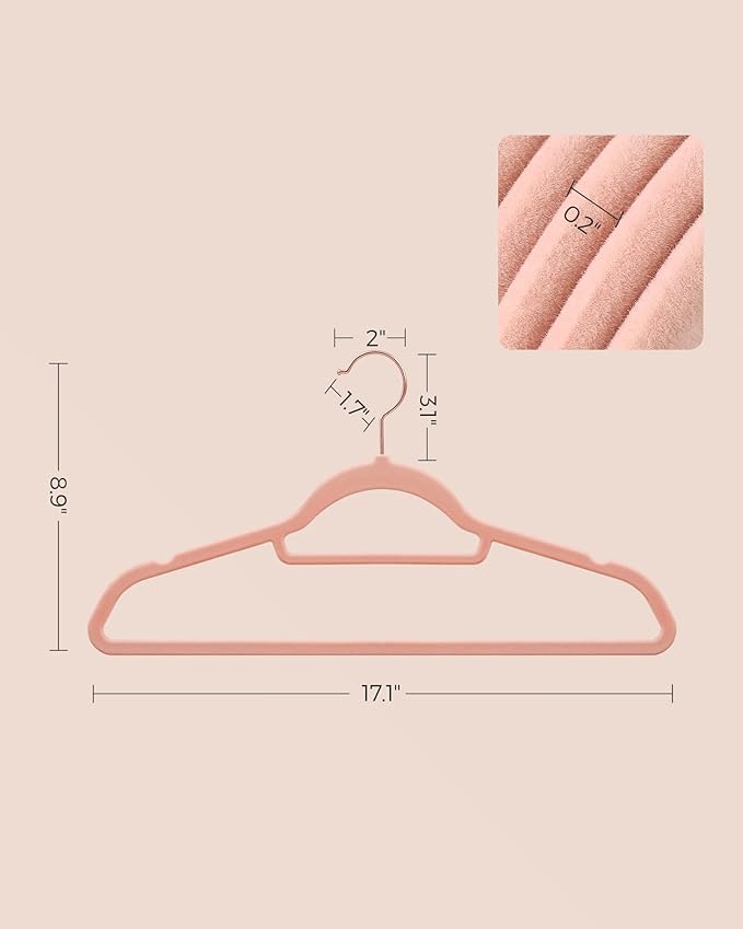 SONGMICS Velvet Hangers, Set of 30 Clothes Hanger with Rose Gold Swivel Hook, Non-Slip, and Space-Saving, 0.2-Inch Thick, 17.1-Inch Long for Coat, Shirt, Dress, Pants, Tie, Coral Pink UCRF21PK30