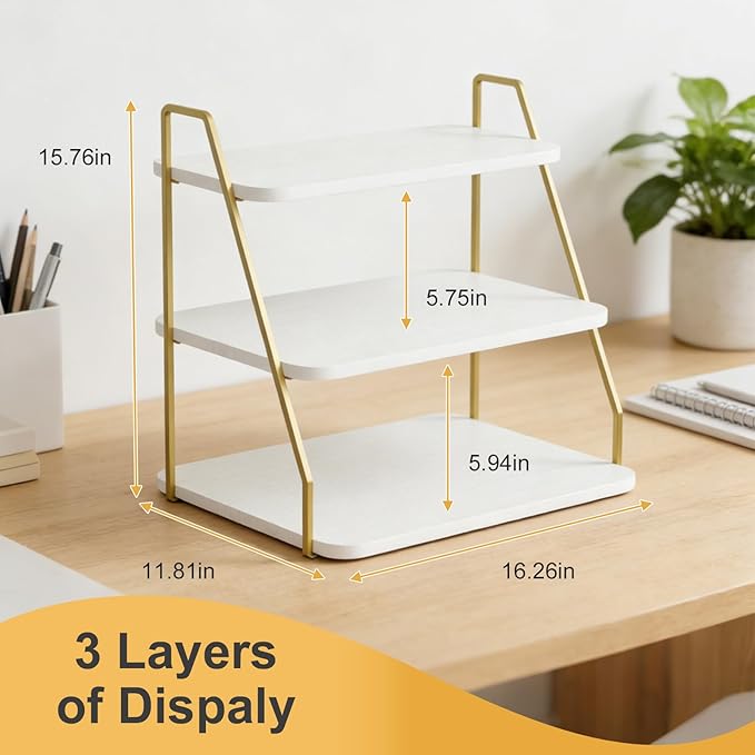 VyGrow three-layer Wooden Display Stand, Perfume Storage Rack, Party Display table, Figure and Collectibles Display Stand, Decorative and Storage Shelf (White and Gold)