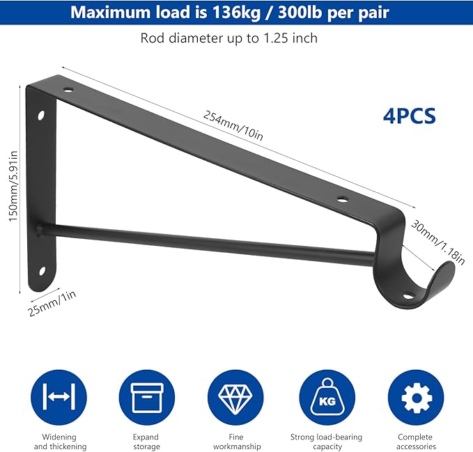 Shelf and Rod Brackets, 4 Pcs Closet Shelf & Rod Brackets Wall Mounted, Heavy Duty Closet Shelf Closet Bracket with Rods Holder, Closet Shelves Supports with Screws, Black