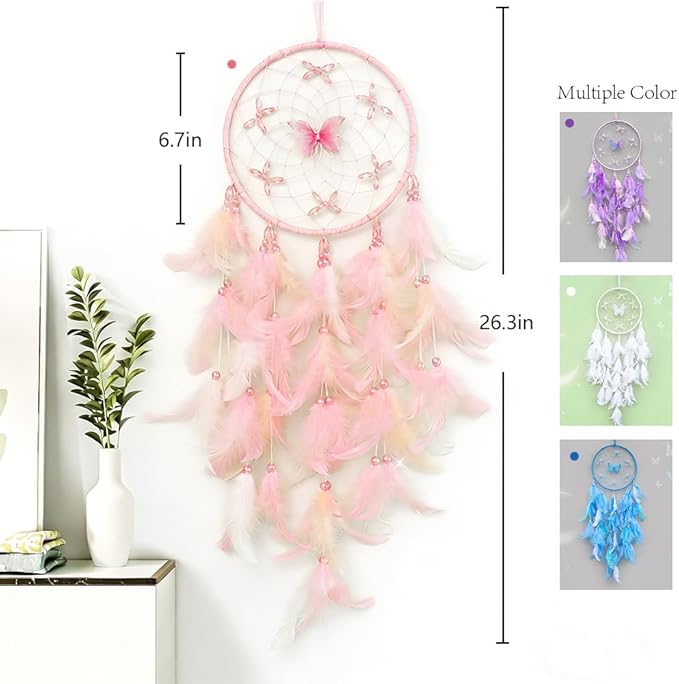 Handmade Feather Dream Catchers, Dream Catchers for Girls with Butterfly, Art Room Decoration for Kids Bedroom, Home Decoration Wedding Party Blessing Gift (Pink)