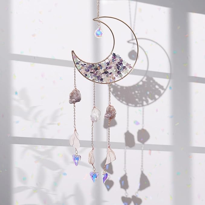 Mini Cobblestone Color Crescent Moon Crystals Sun Catcher Dream Catchers Gemstone Suncatcher with Heart Ornament Handmade Dreamcatcher Wall Decor for Adults Girls Bedroom Wedding Garden Bless Gift