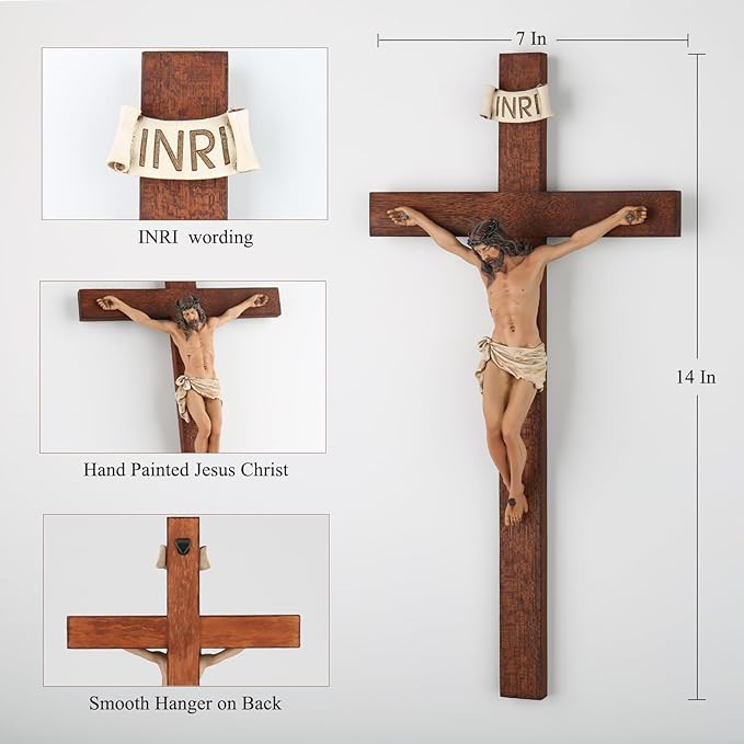 Crucifix Wall Cross - 14 Inch Olive Wood Wall Crucifix, Hand Painted Resin Jesus on Wooden Crucifix Catholic Home Decor Housewarming Religious Gifts