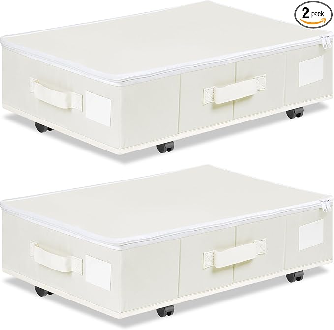 Under Bed Storage with Wheels, Rolling Under Bed Storage Containers with Label Holders for Clothes, Shoes and Blankets, Underbed Storage Organizer with Cover, 2 Pack Beige (23.6x15.7x7.28 in)