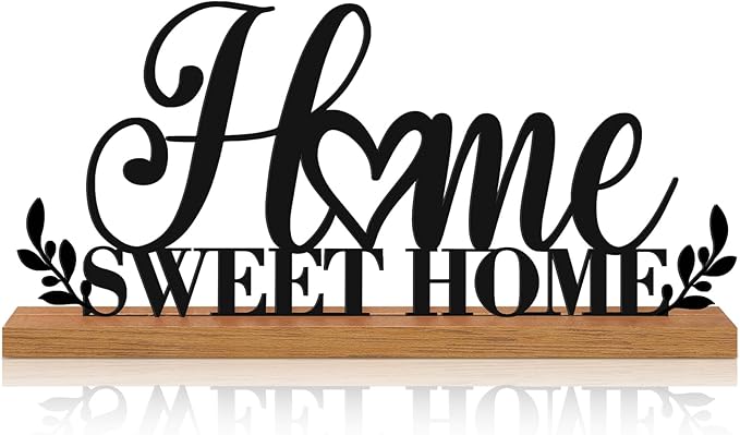 Teenyyou Home Sweet Home Sign House Table Decor Bless Centerpiece Black Metal Word Sign with Wooden Base for Sweet Family Tabletop Desk Decoration Housewarming Gift