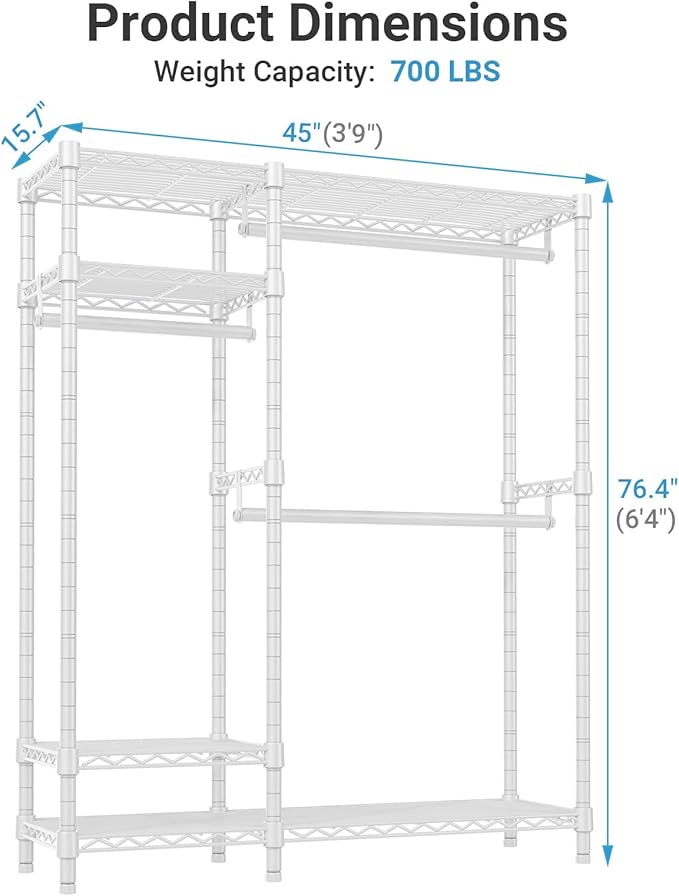 VIPEK V2 Heavy Duty Clothes Rack 4 Tiers Wire Shelving Garment Racks with 3 Hanging Rods Compact Freestanding Closet Metal Closet Rack, Max Load 700LBS, White
