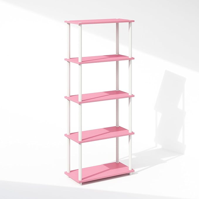 Furinno Turn-N-Tube Book Shelf, 5-Tier Bookshelf, Bookcase with Multipurpose Compact Display Rack, 11.6 x 23.6 x 57.4, for Living Room, Bedroom, Home Office, Pink/White