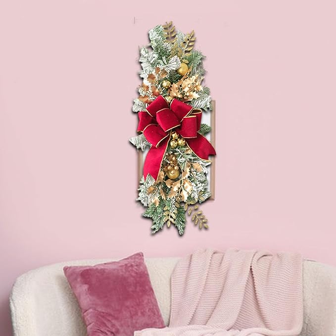 SM SunniMix Christmas Swag Teardrop Swag Artificial Wreath Door Swag Decorative Bow Ornament Lightweight PP Material Suitable for Gift Giving Home Decoration, Gold Red