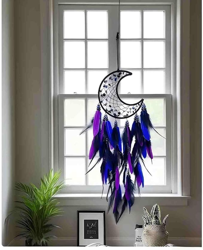 Moon Dream Catcher Handmade for Bedroom Purple and Blue Feather Dream Catchers for Home Decoration Ornaments for Bedroom Wall Hanging (Purple Feather - 1pc)