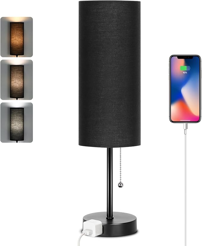 Dott Arts 18" Table Lamp for Bedroom, 3-Color Bedside Lamps with Pull Chain, Bedroom Table Lamps for Nightstand,AC Outlet Small Lamp for Living Room, Bulb Included Black