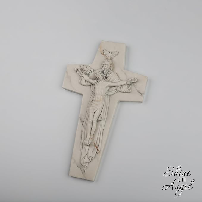 ShineOnAngel Holy Trinity Wall Cross, 10inch Holy Cross White Marble Look Christian Cross Wall Decor, Religious Crucifix Modern Home Wall Decoration, Hand Painted Father Son Holy Spirit Religious Wall Crucifix and Spiritual Gifts