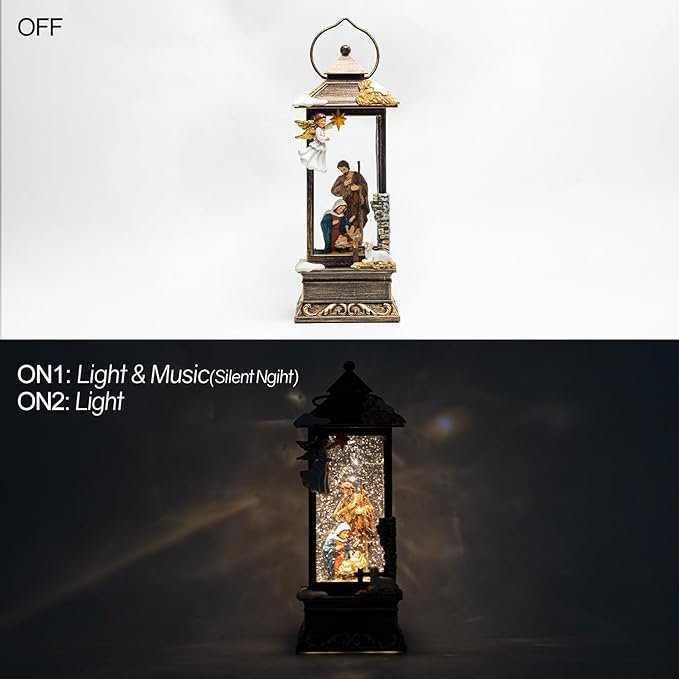 12" Christmas Snow Globe Lantern with Nativity and Angel - Water Glitter LED Light Musical Lantern with Exterior Decor - Vintage Xmas Gifts - USB Plug or Battery Operated Home Decor(Angel & Nativity)