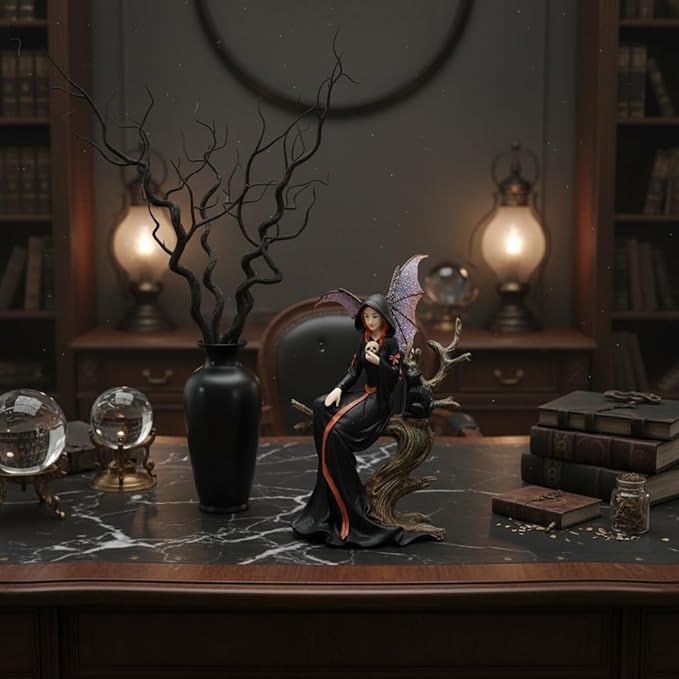 Comfy Hour 7.5" Gothic Fairy Witch Figurine, Fantasy Sorceress with Skull and Black Cat on Withered Tree, Spooky Home Office Desktop Decor, Hand-Cast Polyresin Statue, 1 Piec