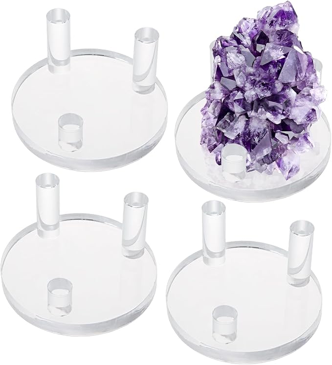 Hipiwe Acrylic Display Easel Rock Display Stand - Three-Peg Round Display Easel Stands for Fossil Coral Geodes Mineral Agate Small Collectibles, Medium,Set of 4