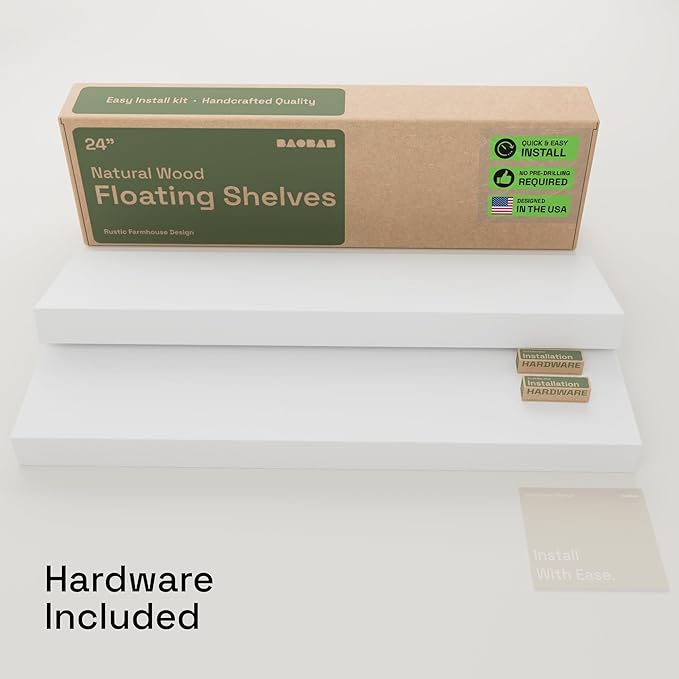 BAOBAB WORKSHOP Wood Floating Shelves for Bathroom Wall - White Shelves for Bedroom Kitchen Living Room - Solid Wood Shelves - White - 24 x 6.7 Inch, Set of 2