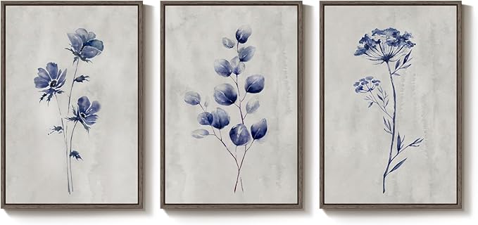 Framed Boho Floral Wall Art for Living Room, 3 Piece Blue Minimalist Botanical Canvas Painting Prints, Modern Rustic Watercolor Flower Plants Artwork for Bedroom Dining Room Office Wall decor, 24x36