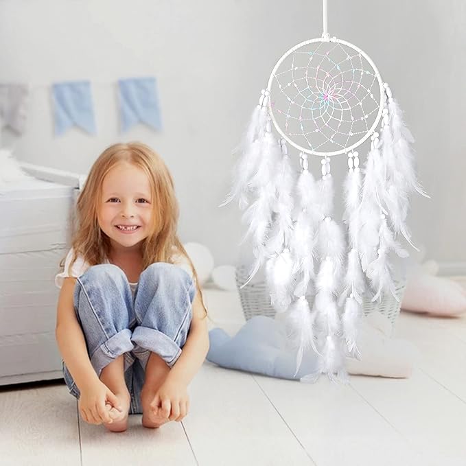 Dremisland White Feathers Dream Catcher Wall Hanging Elegant Wall Art Room Decoration for Windows Balcony Bedroom Wedding Party Gift for Girls and Kids (No Lights)