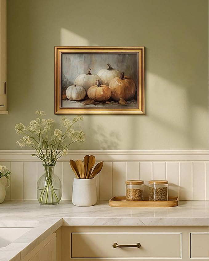 VIYYIEA Vintage Gold Framed Wall Art for Living Room, Pumpkins Canvas Prints Home Decor, Oil Painting Picture, Bedroom Wall Decor Gifts for Friends or Family -【Five Pumpkins 】-(16L x 12W)